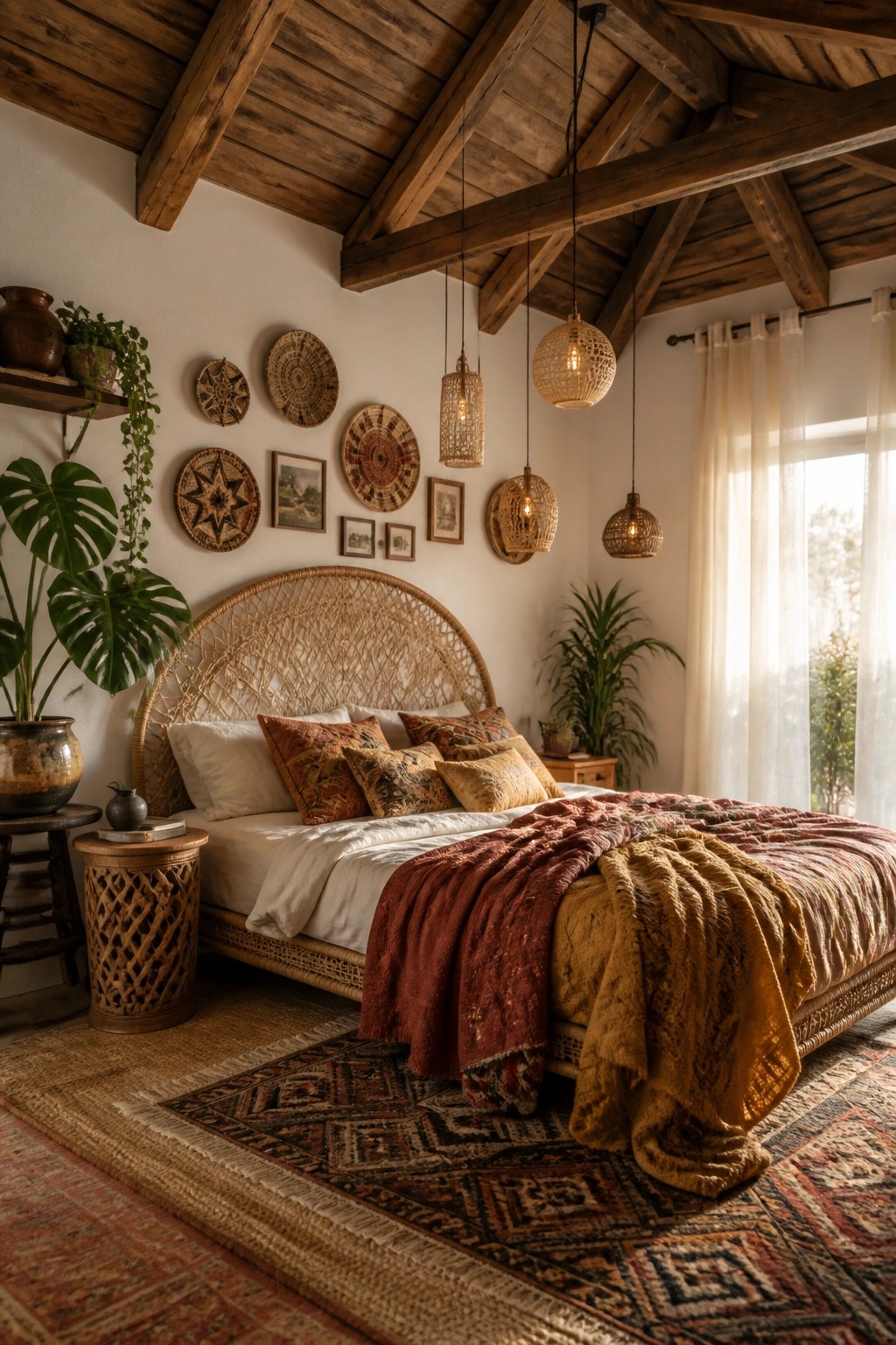 A bedroom with a high wooden ceiling featuring exposed beams, a woven rattan headboard, layered textiles on the bed, and hanging wicker pendant lights.