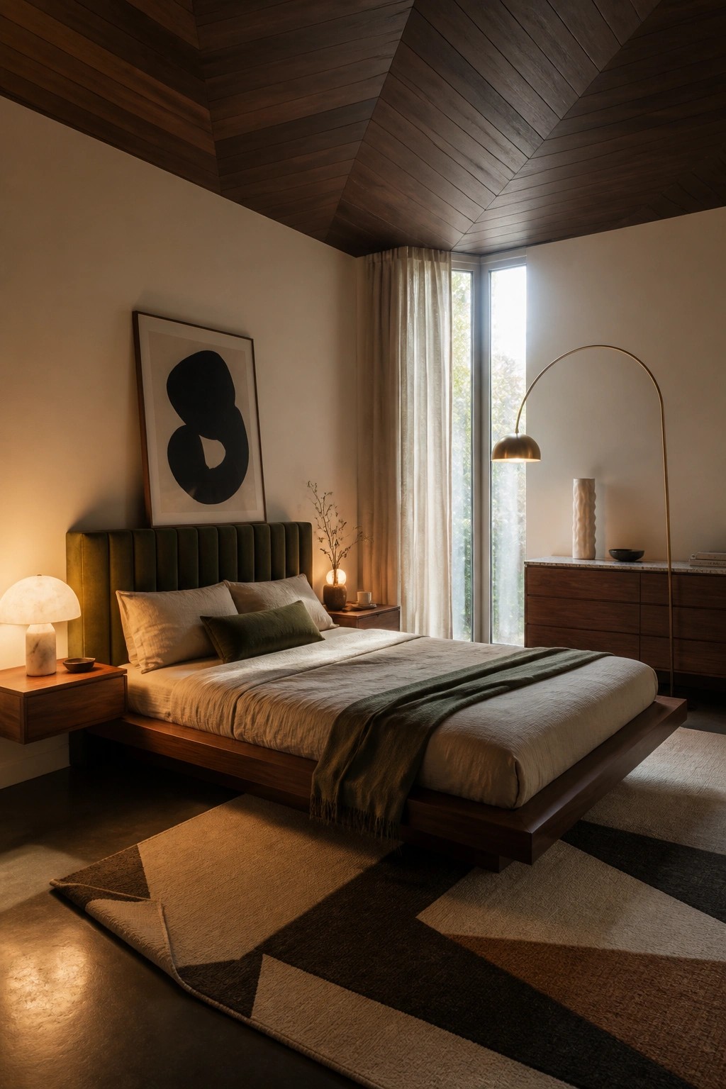 A bedroom with a dark wood ceiling in a geometric pattern, a low wooden platform bed with neutral linens, and a large abstract artwork above the headboard.