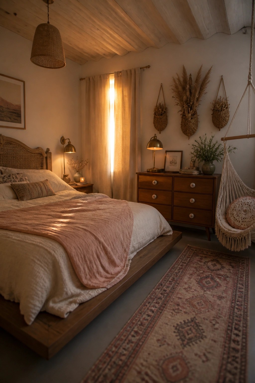 A bedroom interior featuring a light wood plank ceiling, a low wooden bed with white and pink bedding, and a wooden dresser along the wall.