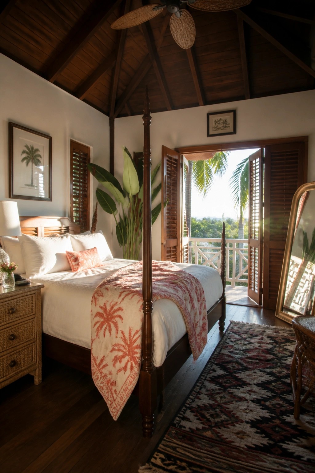 A bedroom interior with a vaulted dark wood ceiling of exposed beams, a four-poster bed with white linens and a patterned throw, and open wooden doors leading to a balcony.