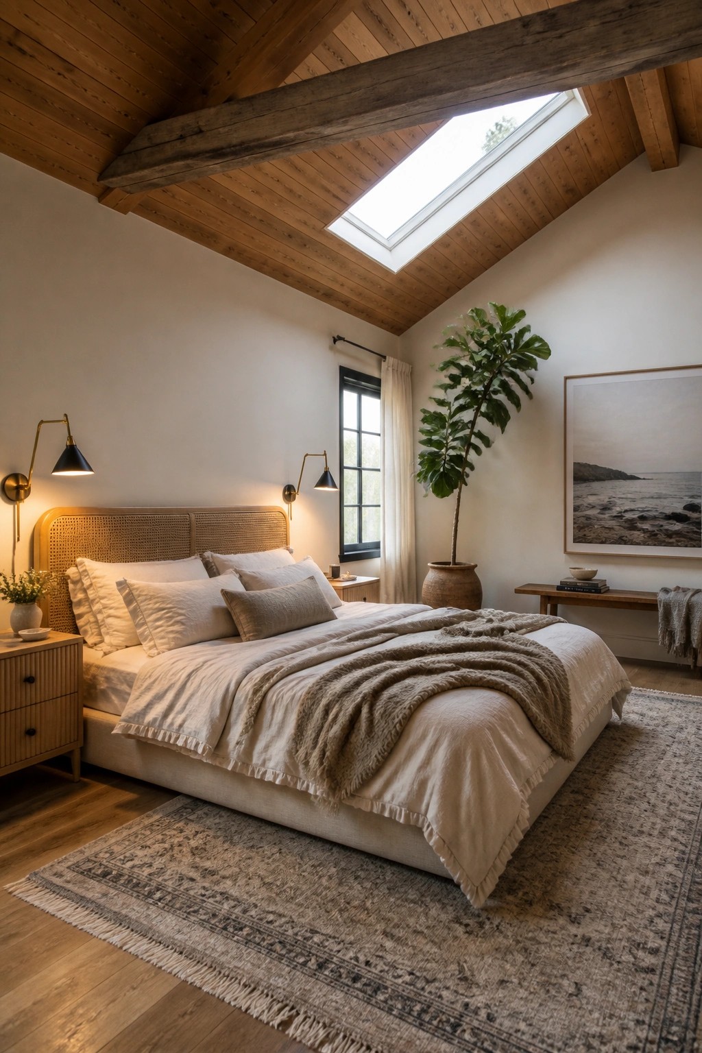 A bedroom featuring a sloped wood plank ceiling with dark exposed beams, a large bed with neutral linens, wall sconces, and a skylight.