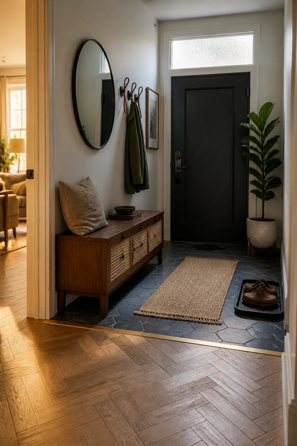 Modern entryway with wooden bench, round mirror, black door, jute rug, and plant