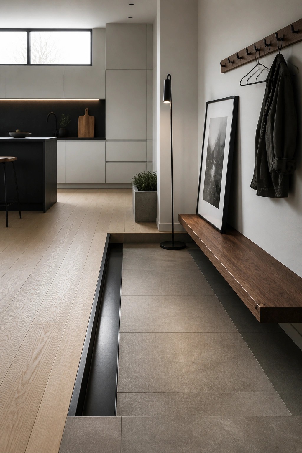 A modern interior showing light wood flooring transitioning to a lowered gray tile area via a dark recessed channel, with a floating wood bench and black framed artwork along the wall.