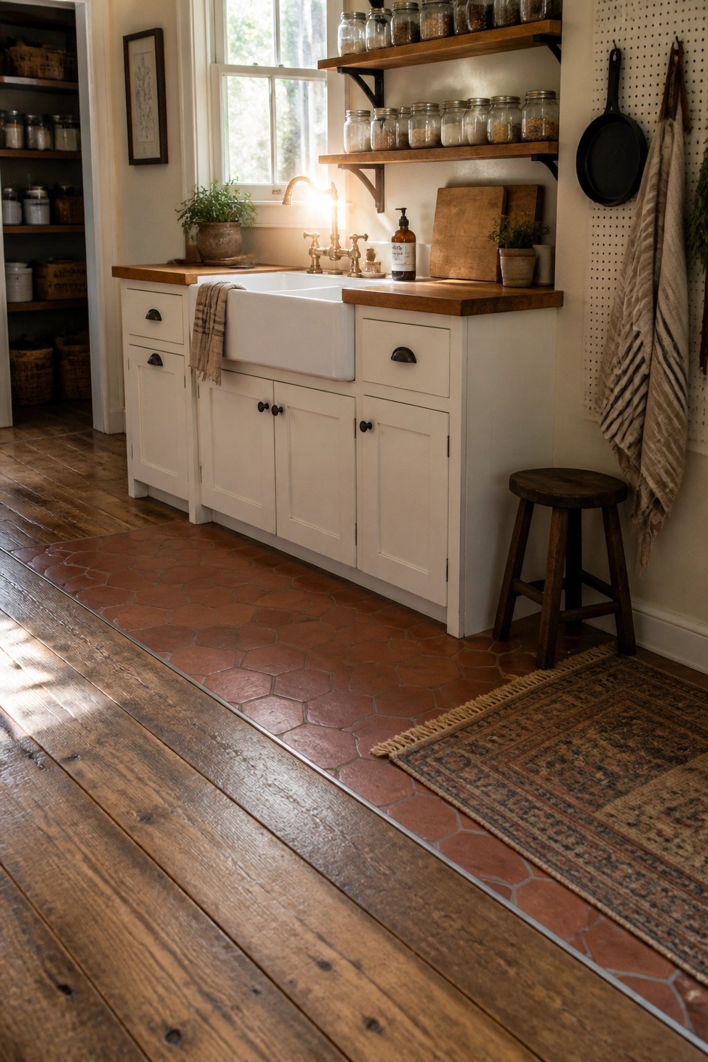 A kitchen interior showing white cabinets, a farmhouse sink, wooden countertops, and a transition from wide wood planks to terracotta hexagonal tile flooring.