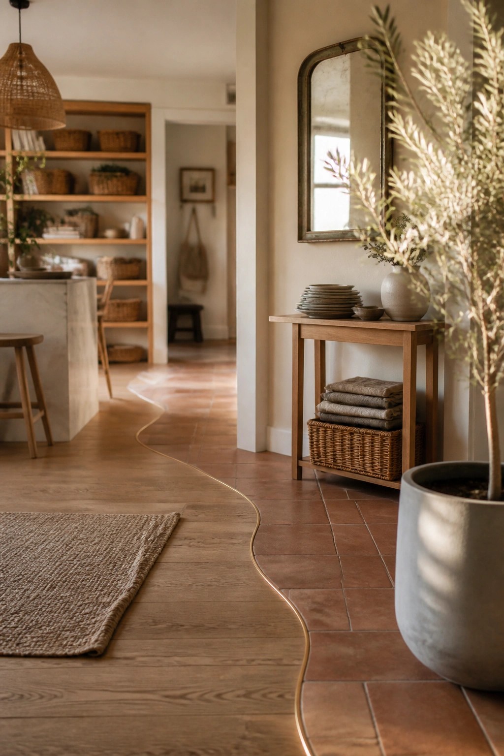 A home interior showing wood flooring transitioning to terracotta tile with a thin curved metal strip marking the boundary beside a wooden console table and large potted plant.