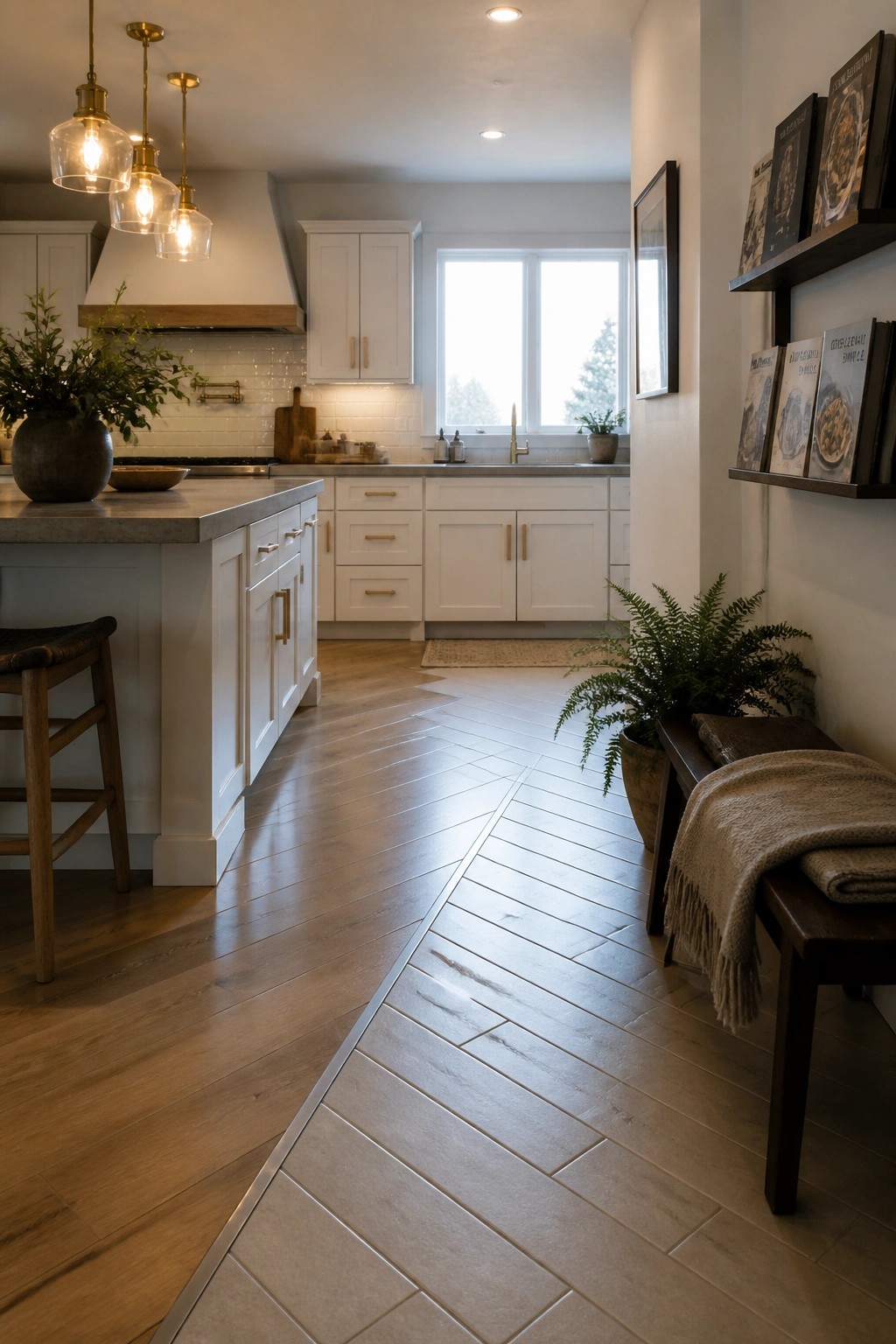 A kitchen interior showing white cabinets, a wood floor on the left, and a light tile floor on the right with a diagonal transition seam between them.