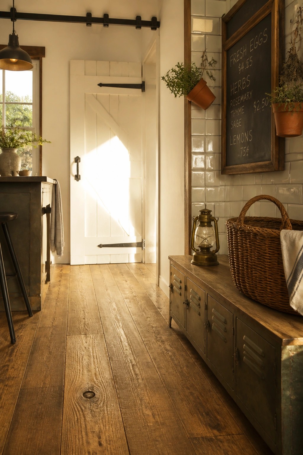 Interior view of a rustic kitchen entry with light wood plank flooring, a white door, white subway tile on the wall, and a wooden console table holding a lantern and wicker basket.