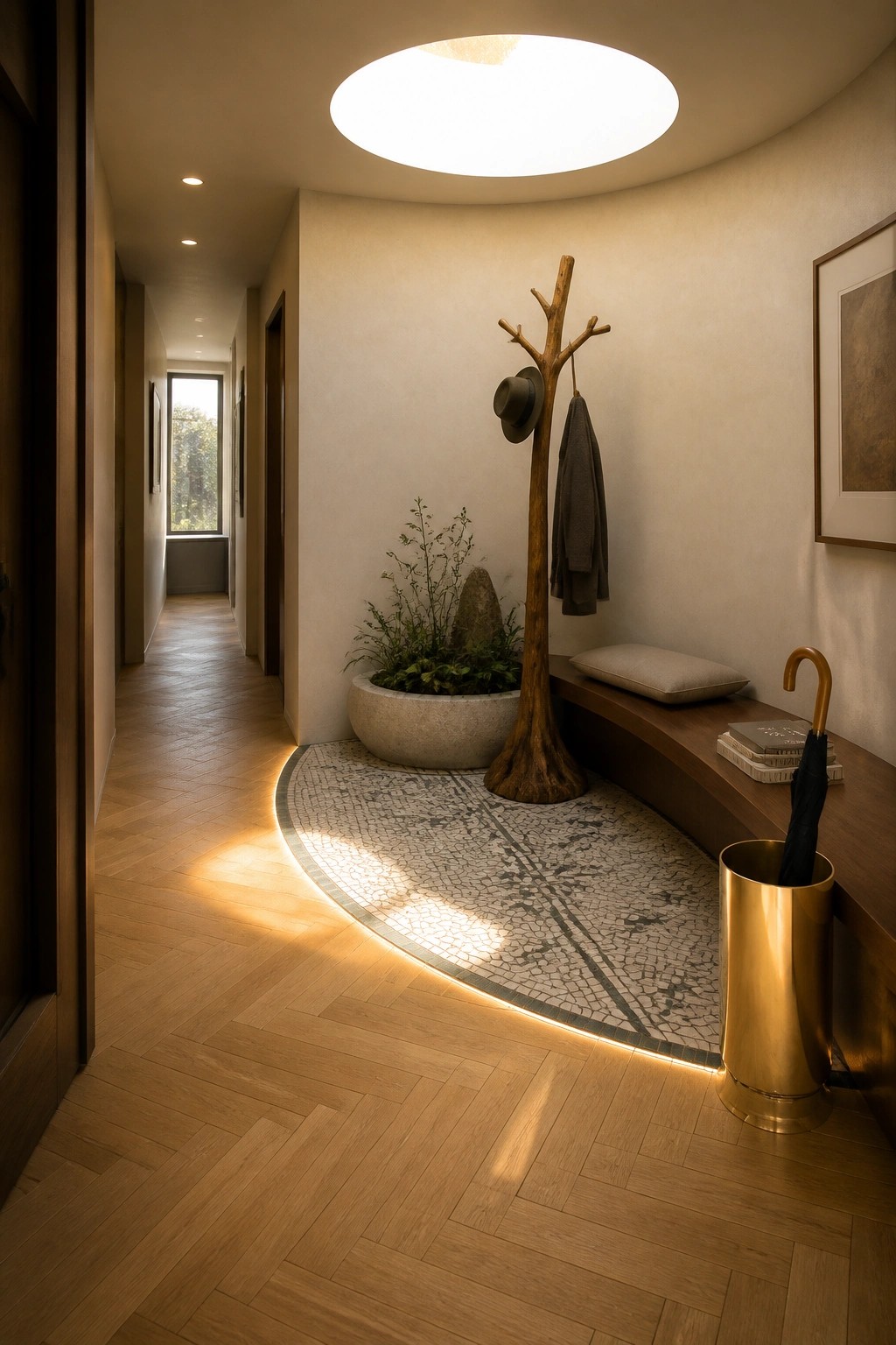 An interior entryway showing herringbone wood flooring meeting a circular mosaic tile area beneath a curved bench and sculptural wooden coat rack.