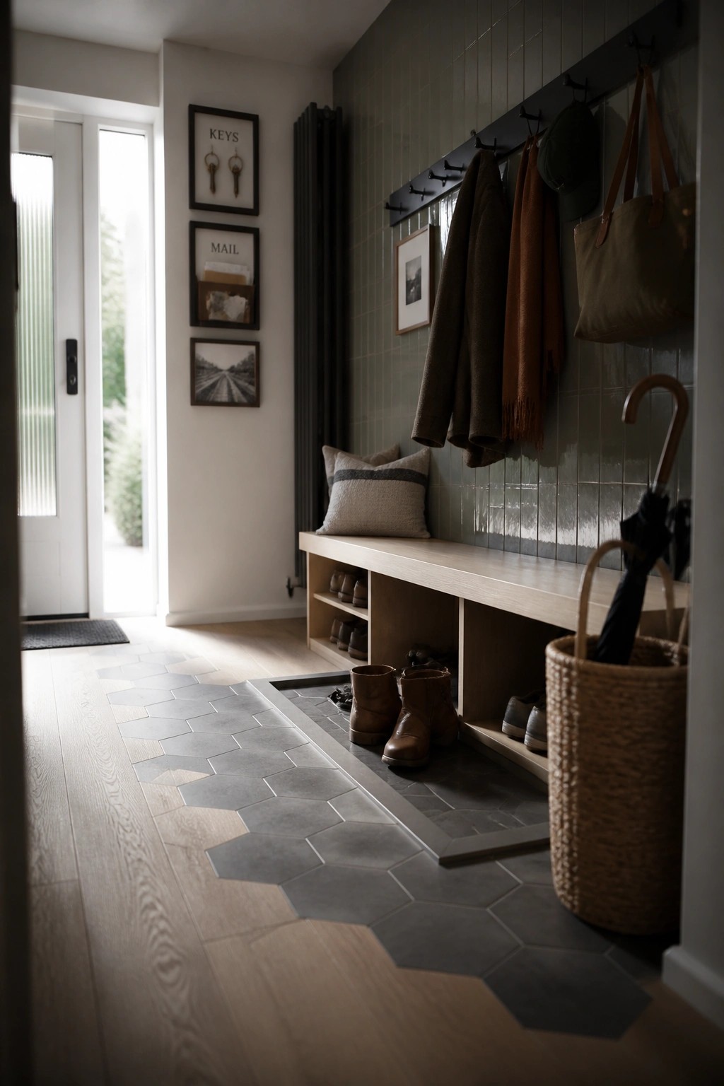 Stylish mudroom with wooden bench, wall hooks holding coats, and shoe storage