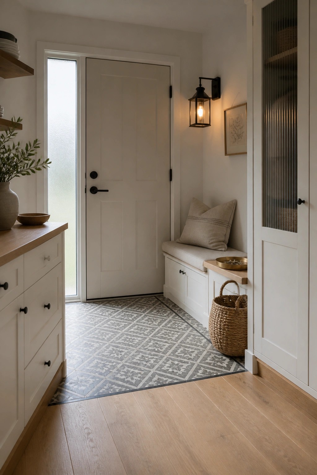 An entryway interior with white door, patterned tile floor meeting light wood planks, built-in bench with cushion, and white cabinetry.