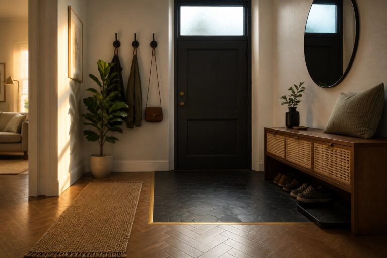 Modern entryway with wooden bench, round mirror, black door, jute rug, and plant