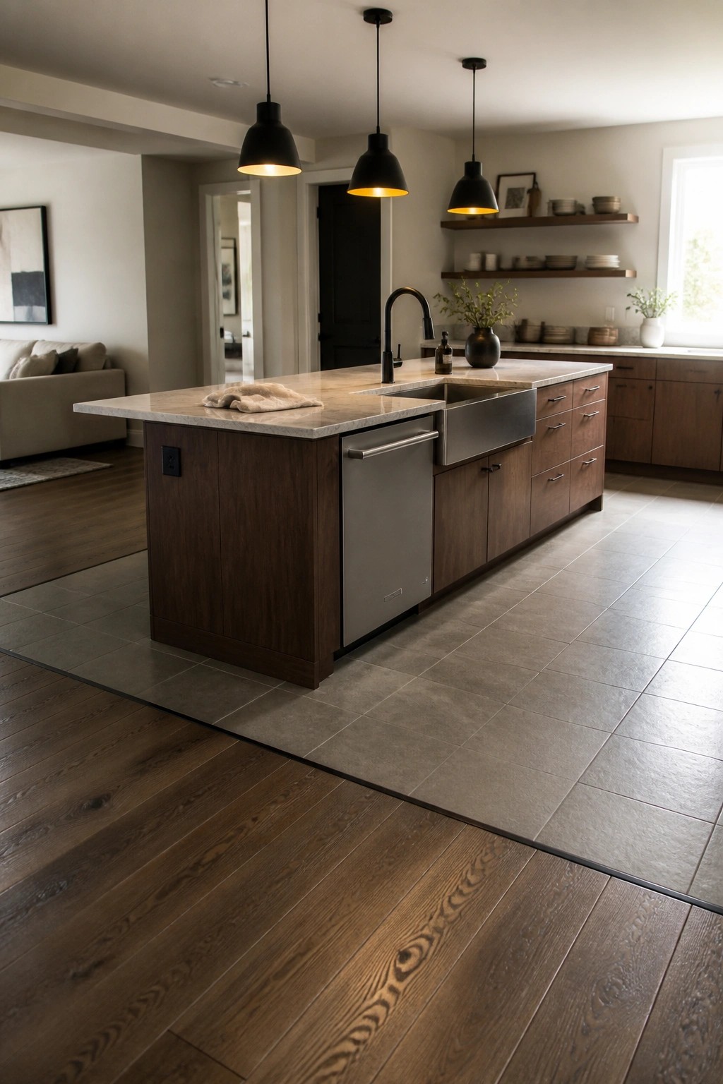 Modern kitchen island with dark wood cabinets, marble top, and black pendants.