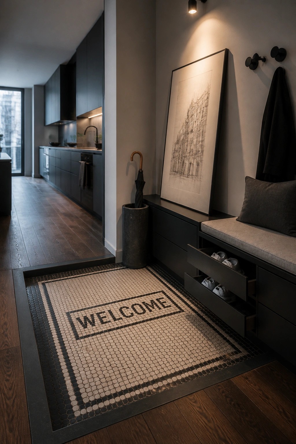 An entryway with a hexagonal tile mosaic welcome mat inset into dark wood flooring next to dark built-in storage and a kitchen in the background.