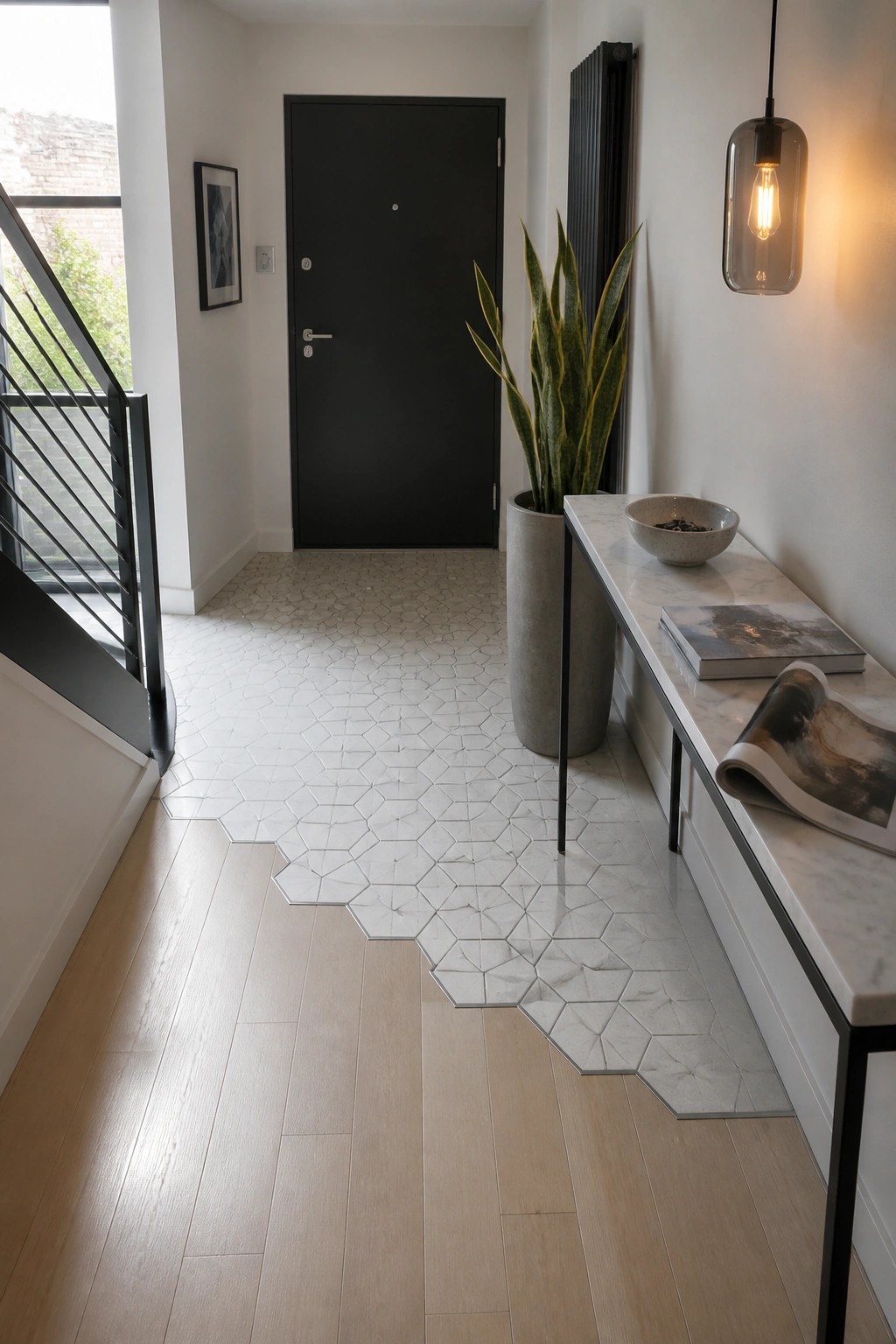 Light wood flooring transitions into white hexagonal tile with an irregular edge in a modern entryway leading to a black door.