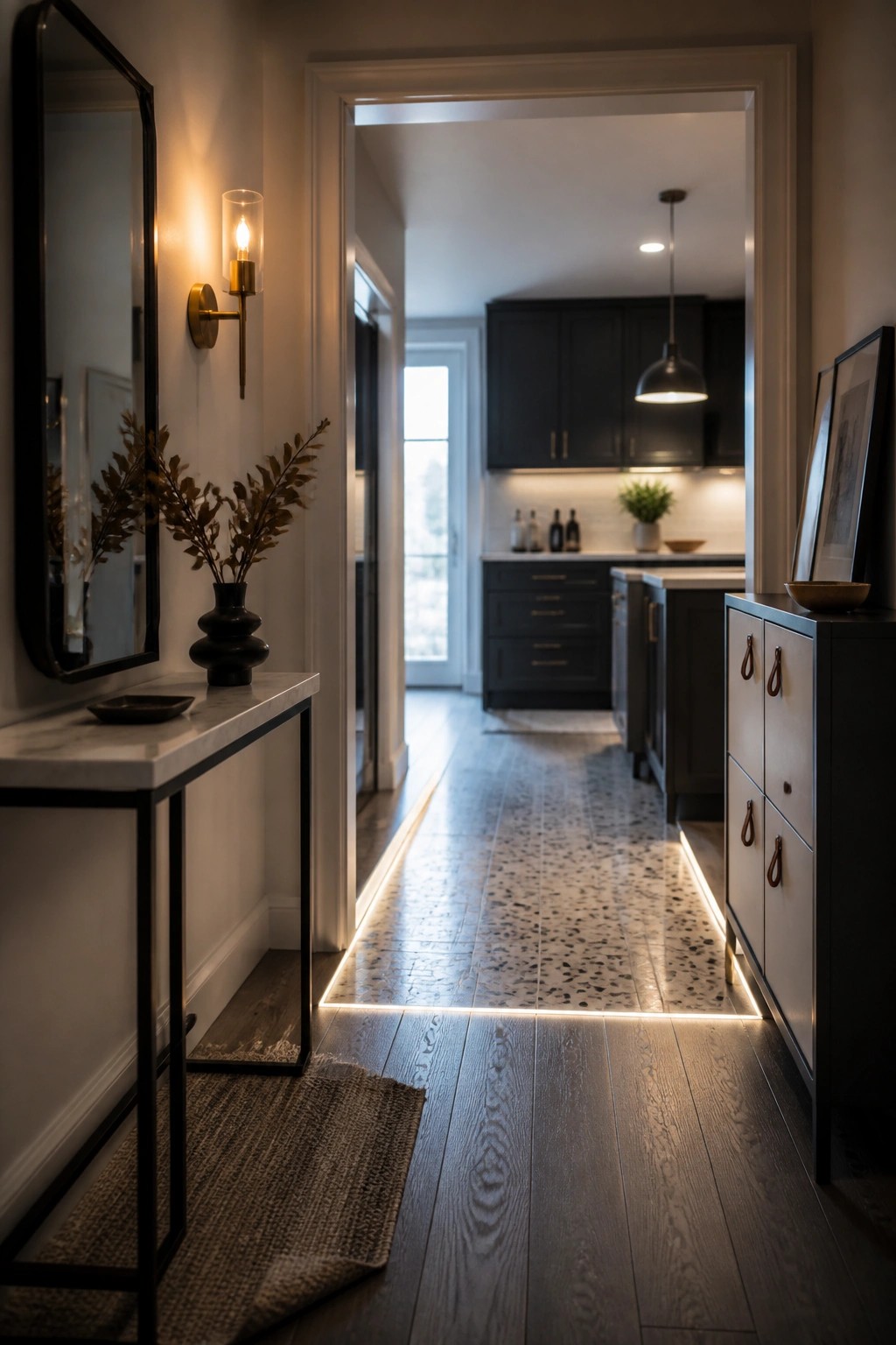 A hallway with dark wood flooring transitions into a kitchen with patterned tile, marked by a glowing LED strip along the floor edge.
