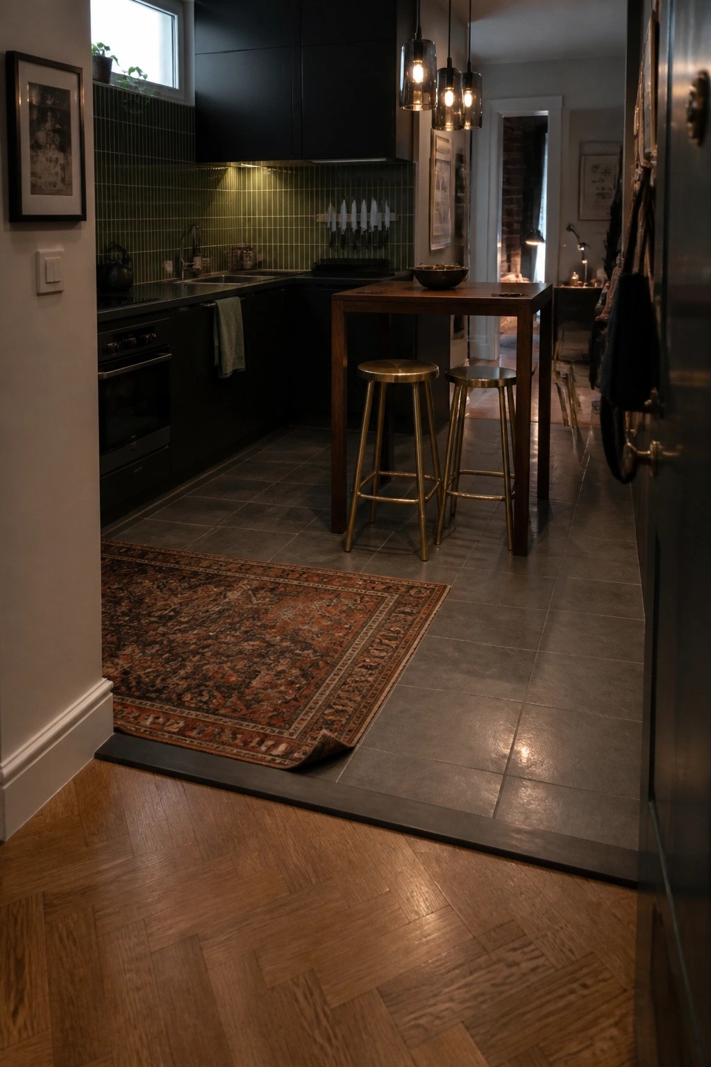 A kitchen with dark cabinets, green tile backsplash, and gray floor tiles transitions to a wooden herringbone floor in the entryway, with a large patterned rug placed across the boundary.