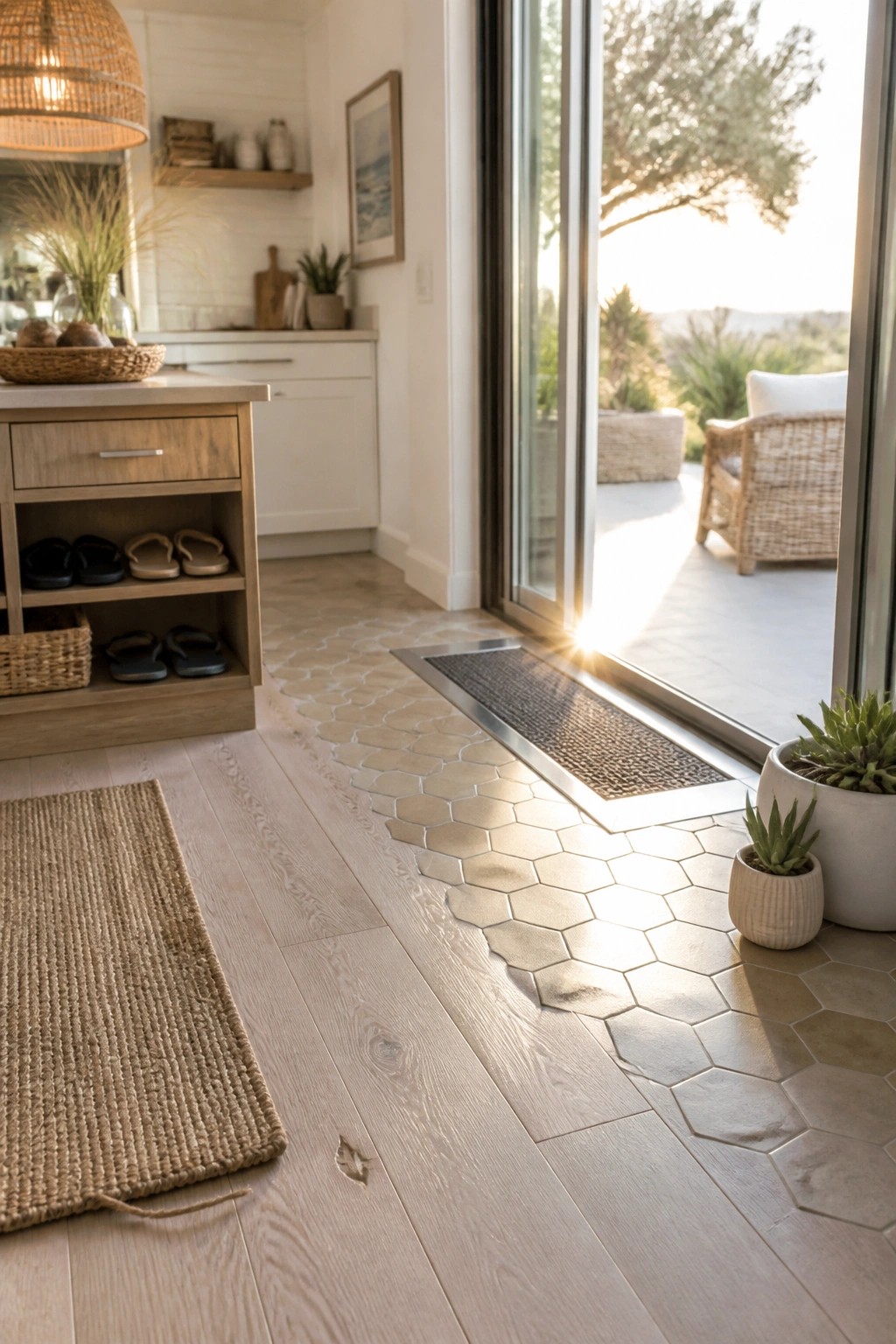 Light wood plank flooring transitions to beige hexagonal tile at a sliding glass door, with a metal threshold strip and potted plants nearby.