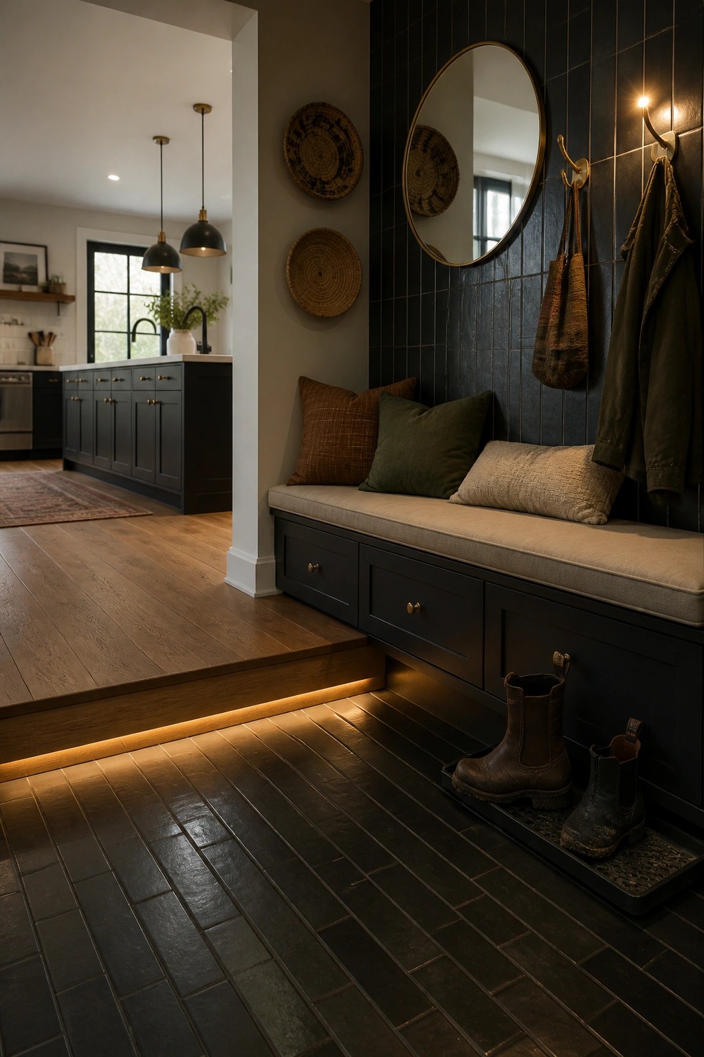 Cozy entryway with dark storage bench, round mirror, boots, and kitchen view