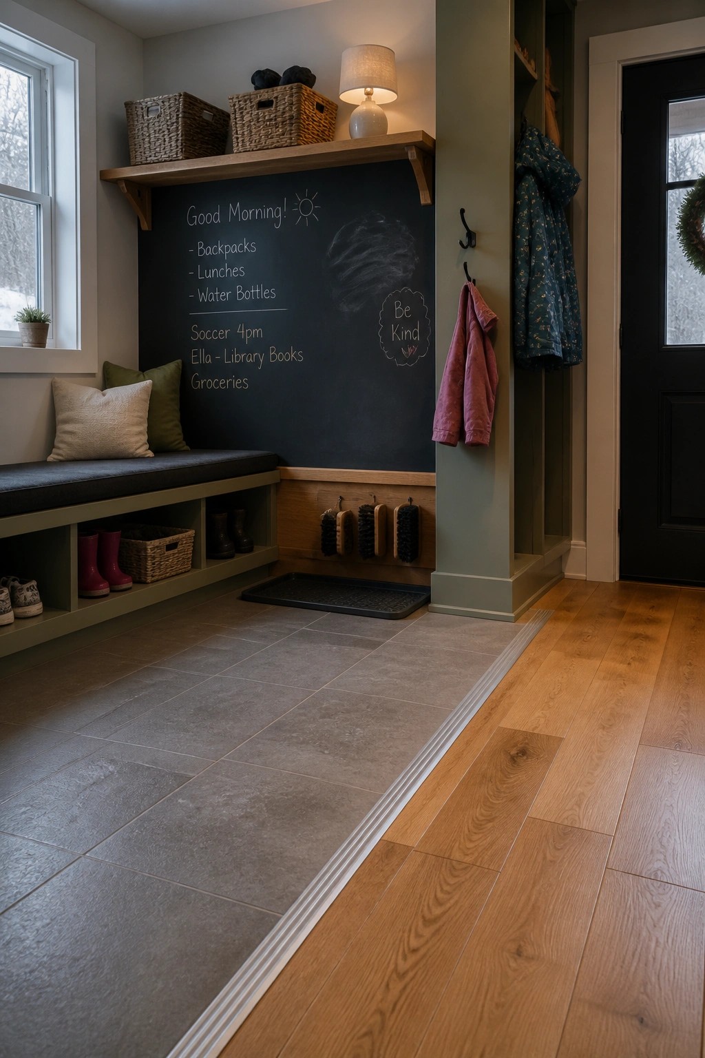 An interior entryway showing gray tile flooring meeting light wood flooring at a white transition strip, with a built-in bench and chalkboard wall visible.