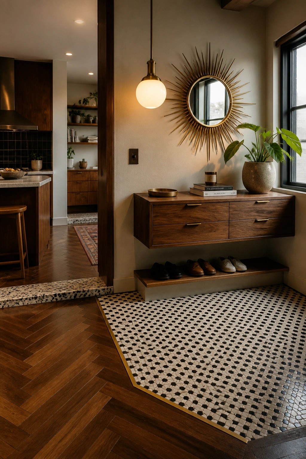 An interior view showing a wood herringbone floor meeting a black and white mosaic tile floor at a gold metal edge, with a floating wood console table, sunburst mirror, and shoes stored below in an entry area.