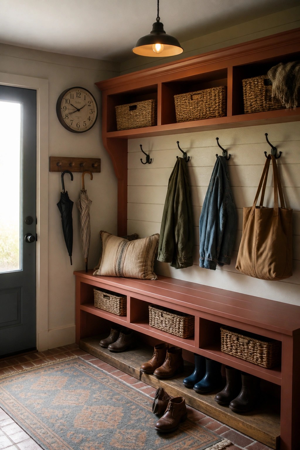 A wooden entryway bench with hooks on the wall above it and open cubbies holding baskets and shoes.