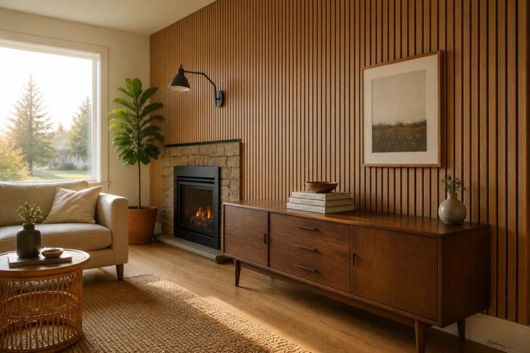 18 Practical DIY Wood Wall Projects for Weekend Makeovers A living room interior showing a vertical wood slat accent wall behind a low wooden console, with a potted plant and a stone fireplace to the right.