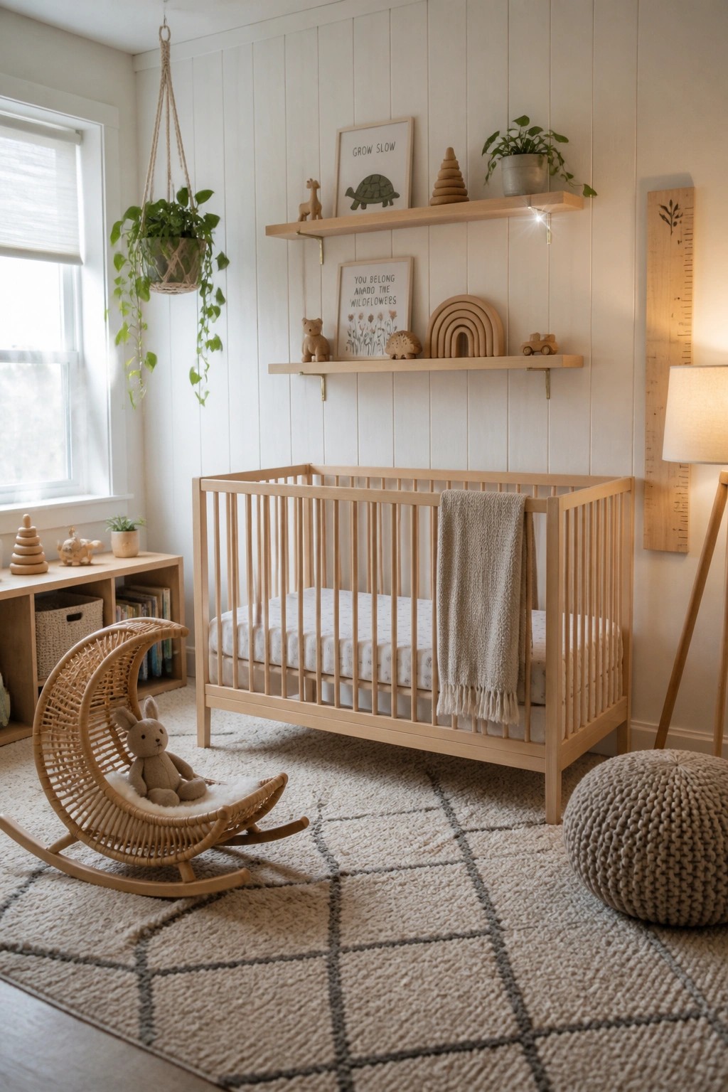 A light wood crib sits below two floating wood shelves on a white wall in a nursery with a woven rocking chair nearby.