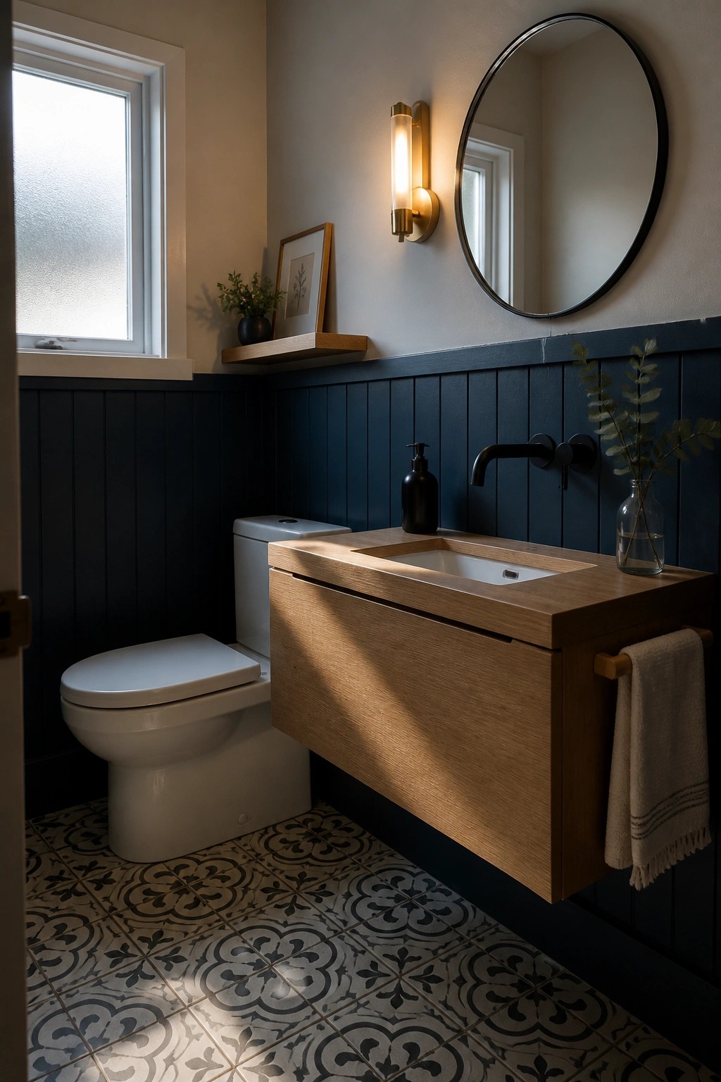 A bathroom interior with a floating wooden vanity, white toilet, dark blue wainscoting, patterned tile floor, and round wall mirror.