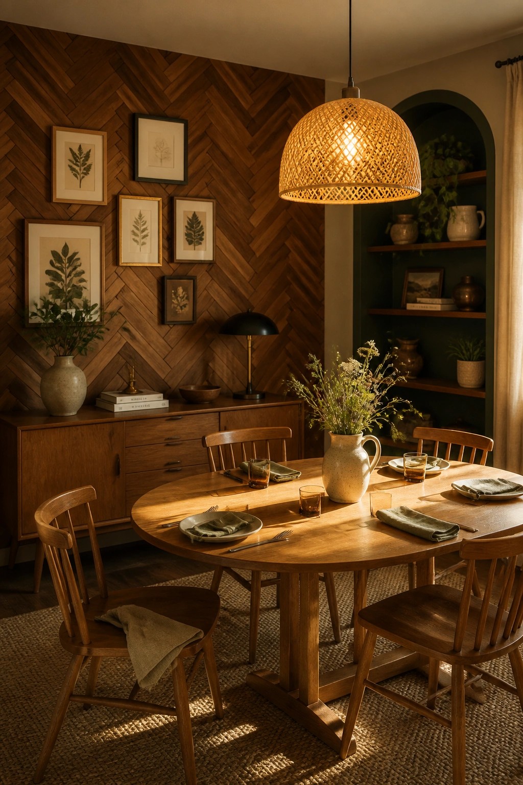 A dining room with a round wooden table and chairs in front of a herringbone wood accent wall decorated with framed botanical prints.