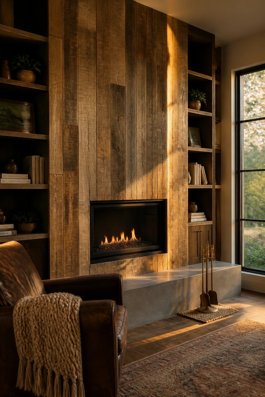 A living room featuring a fireplace set into a vertical wood plank wall with built-in shelves on both sides and a brown leather chair in the foreground.