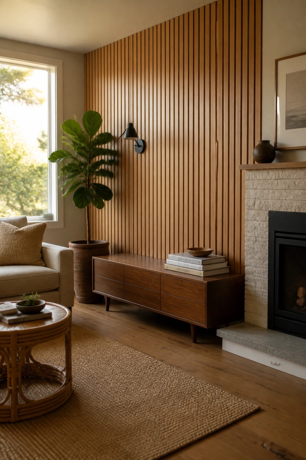 A living room interior showing a vertical wood slat accent wall behind a low wooden console, with a potted plant and a stone fireplace to the right.