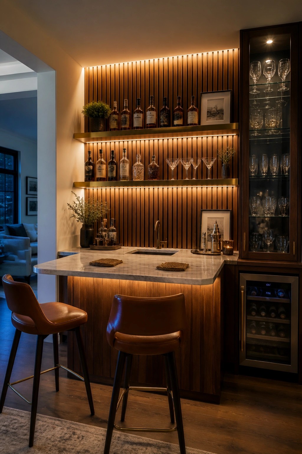 A modern home bar with vertical wood slat walls, backlit floating shelves holding liquor bottles and glassware, a white marble countertop, two brown leather bar stools, and a built-in wine refrigerator.