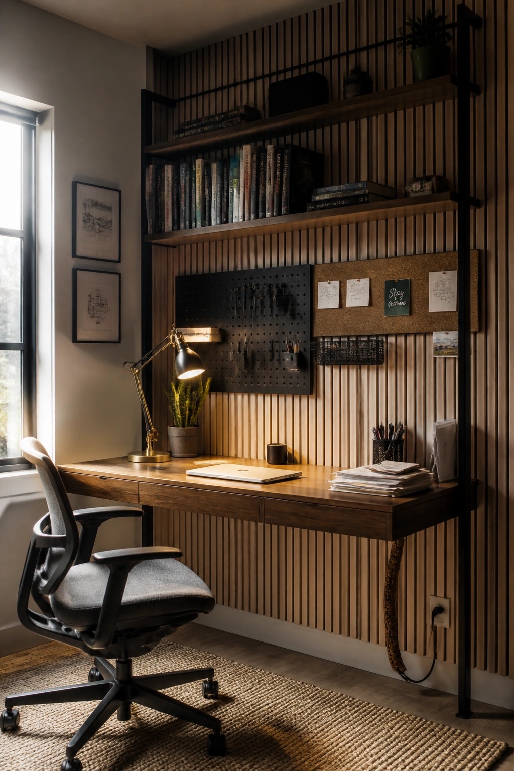 A home office featuring a wooden desk against a vertical wood slat wall with floating shelves, a pegboard, a corkboard, and an office chair.