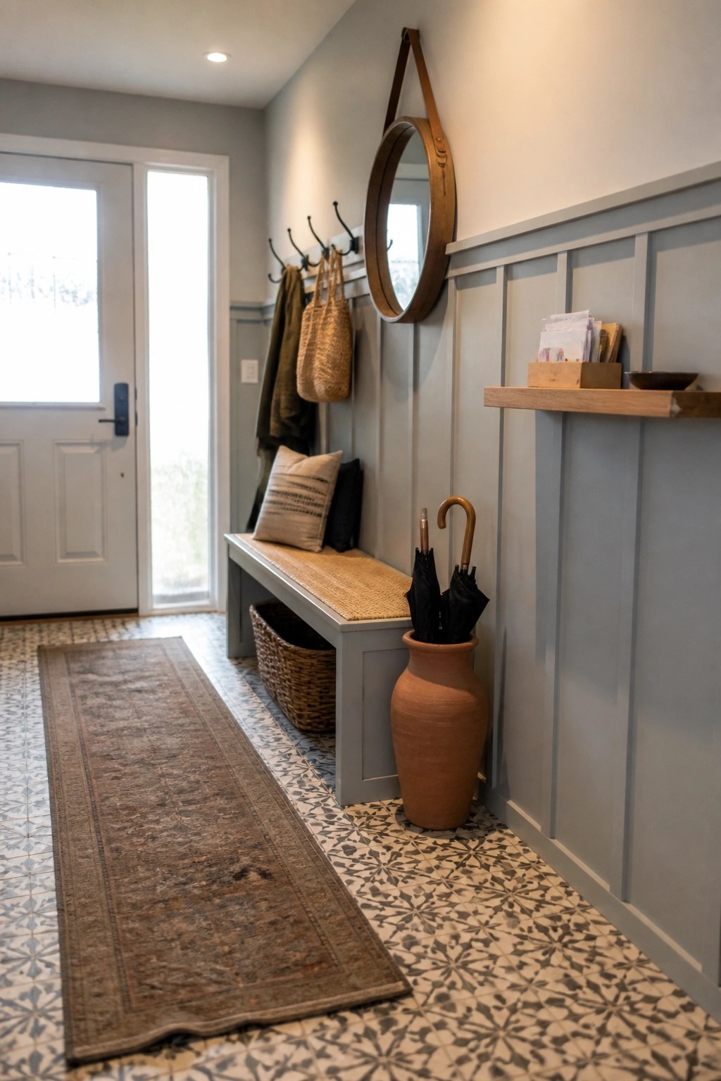 An interior entryway with gray painted wood wainscoting on the lower walls, a built-in bench, coat hooks, and a patterned tile floor.