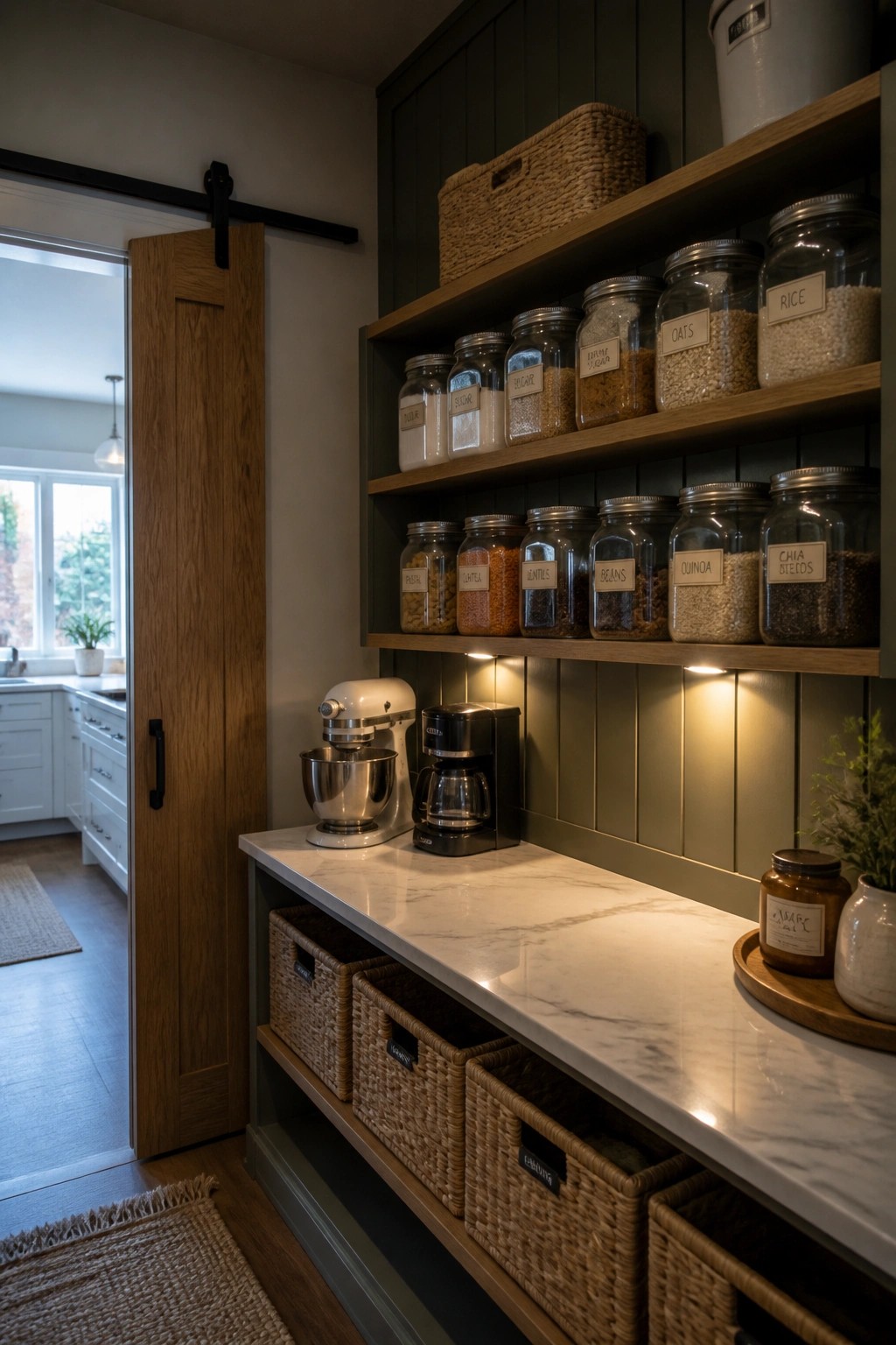 A pantry wall with dark green vertical wood paneling, wooden floating shelves holding labeled glass jars, a marble countertop, and woven baskets on lower shelves.