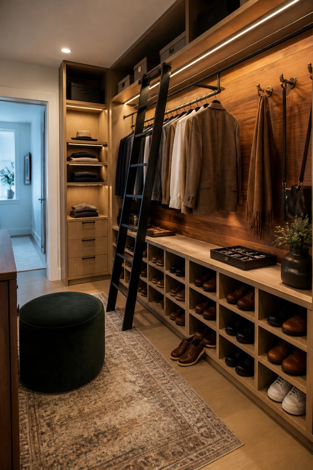 A walk-in closet featuring horizontal wood paneling on the back wall with built-in shoe cubbies, hanging rods, a rolling ladder, and various clothing and accessories stored on the shelves.