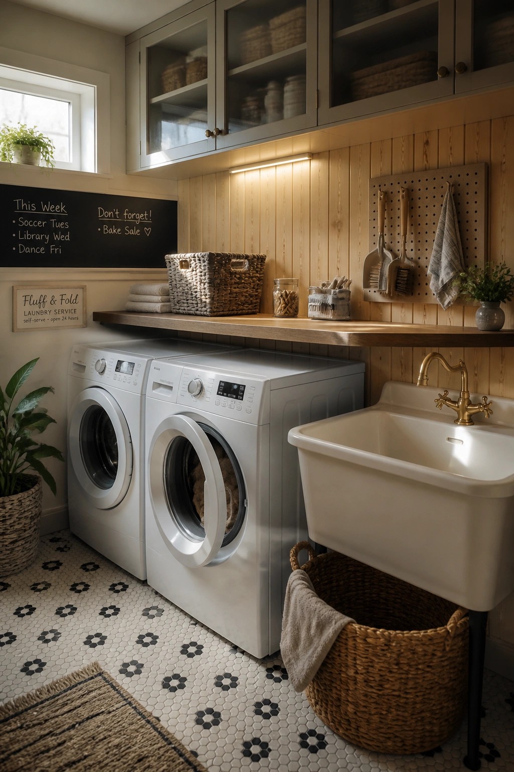 A laundry room with two white front-loading machines, a large utility sink, vertical wood paneling on the wall, a wooden shelf, and woven baskets.