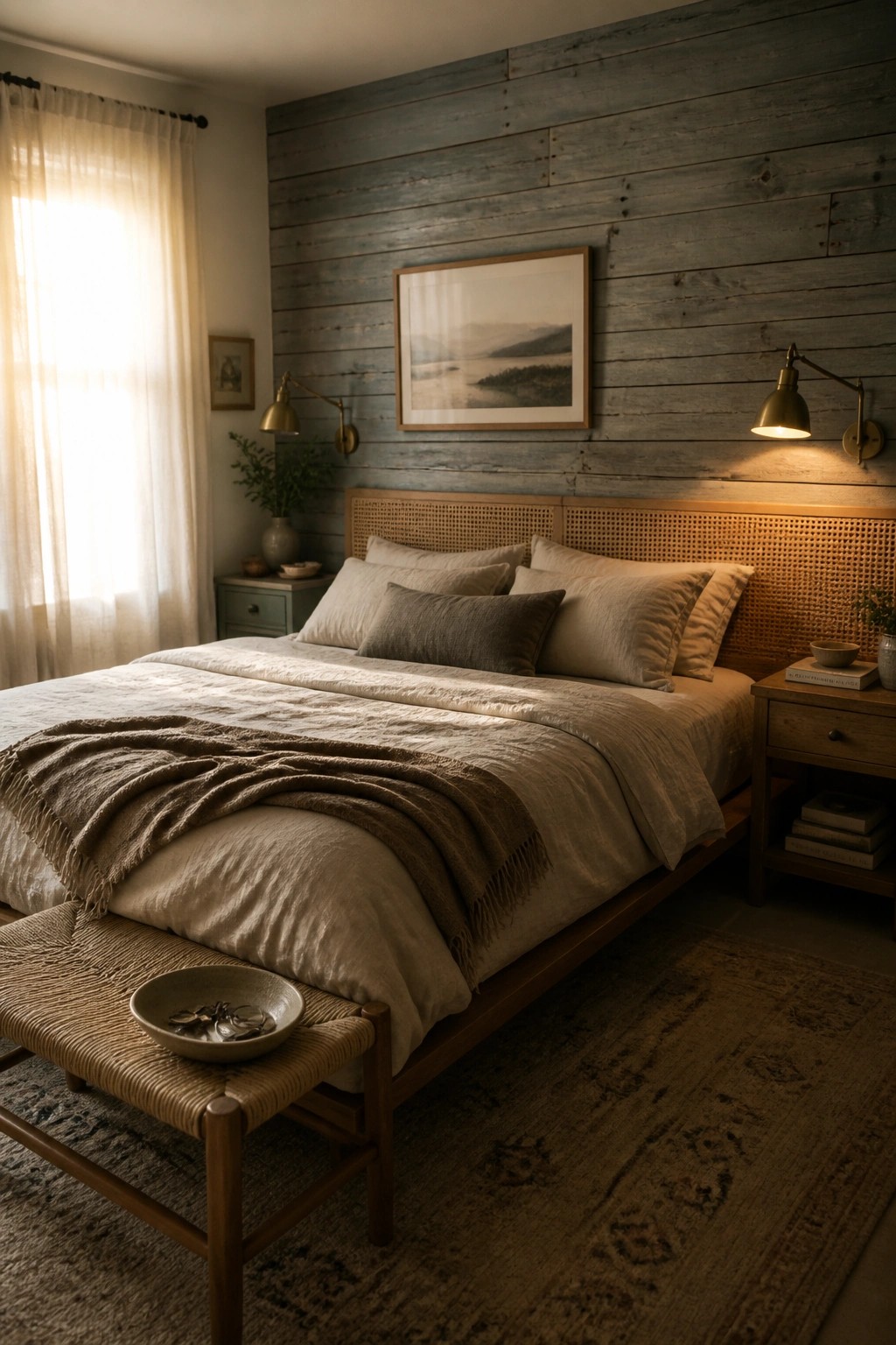A bedroom featuring a bed with neutral linens positioned against a wall of horizontal gray wood planks, flanked by wall-mounted lamps and a woven headboard.