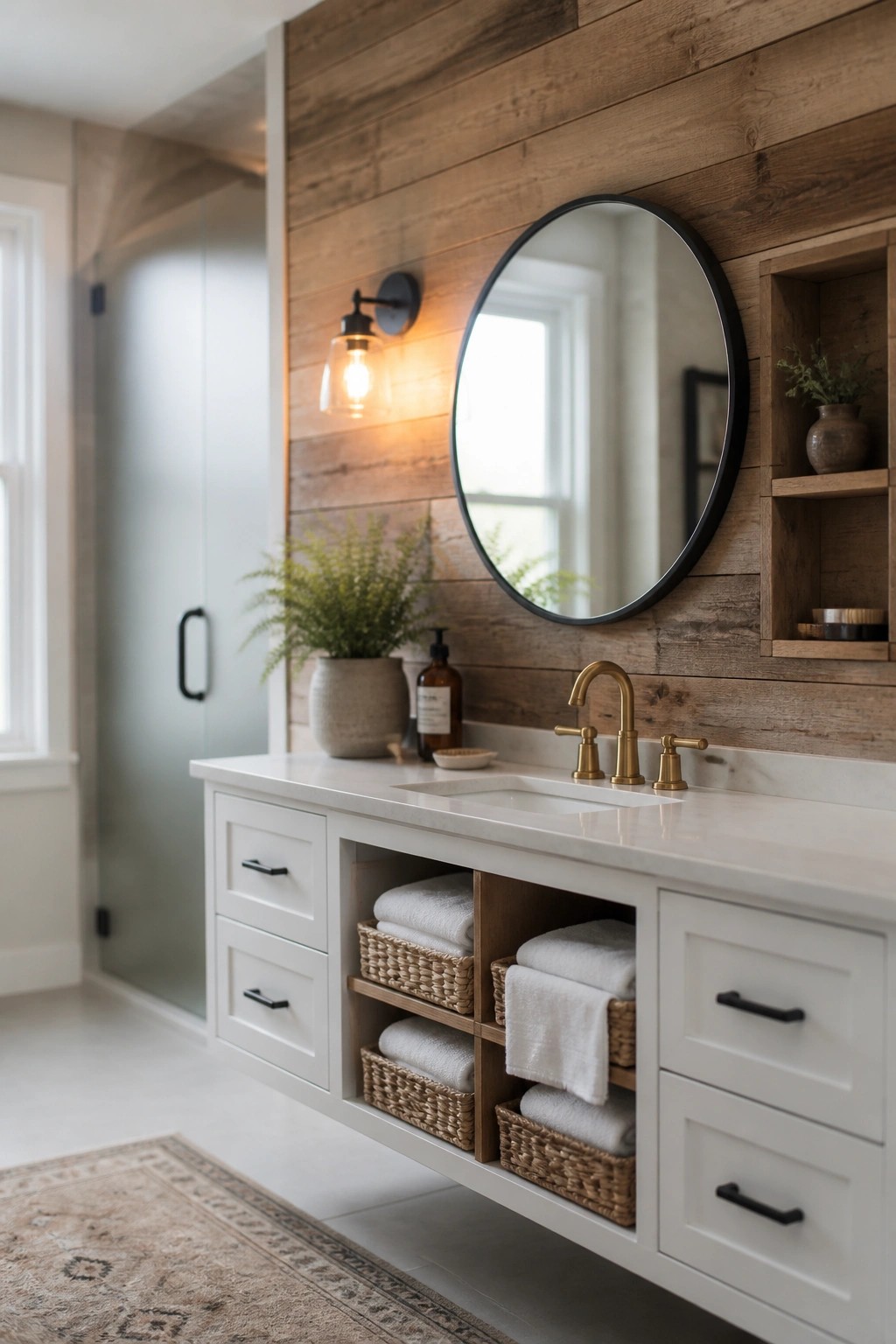 A white floating bathroom vanity with open shelves holding woven baskets sits below a round mirror on a horizontal wood plank accent wall.