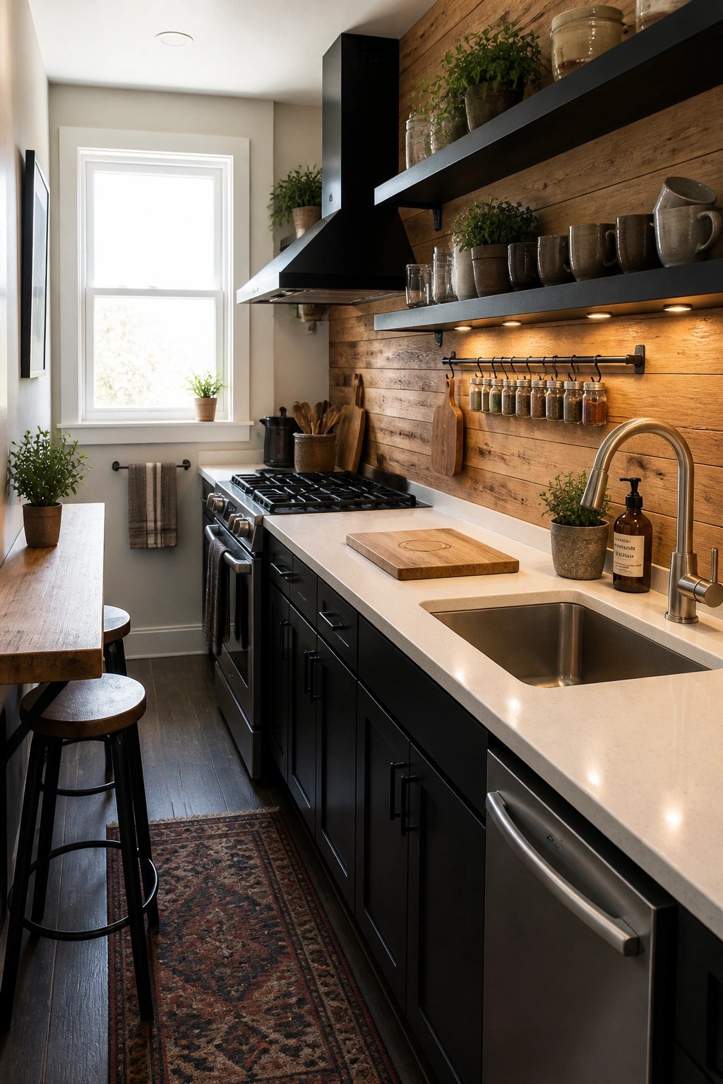 A kitchen interior with black cabinets, white countertops, a stainless steel sink, and a horizontal wood plank accent wall behind the range and floating shelves.