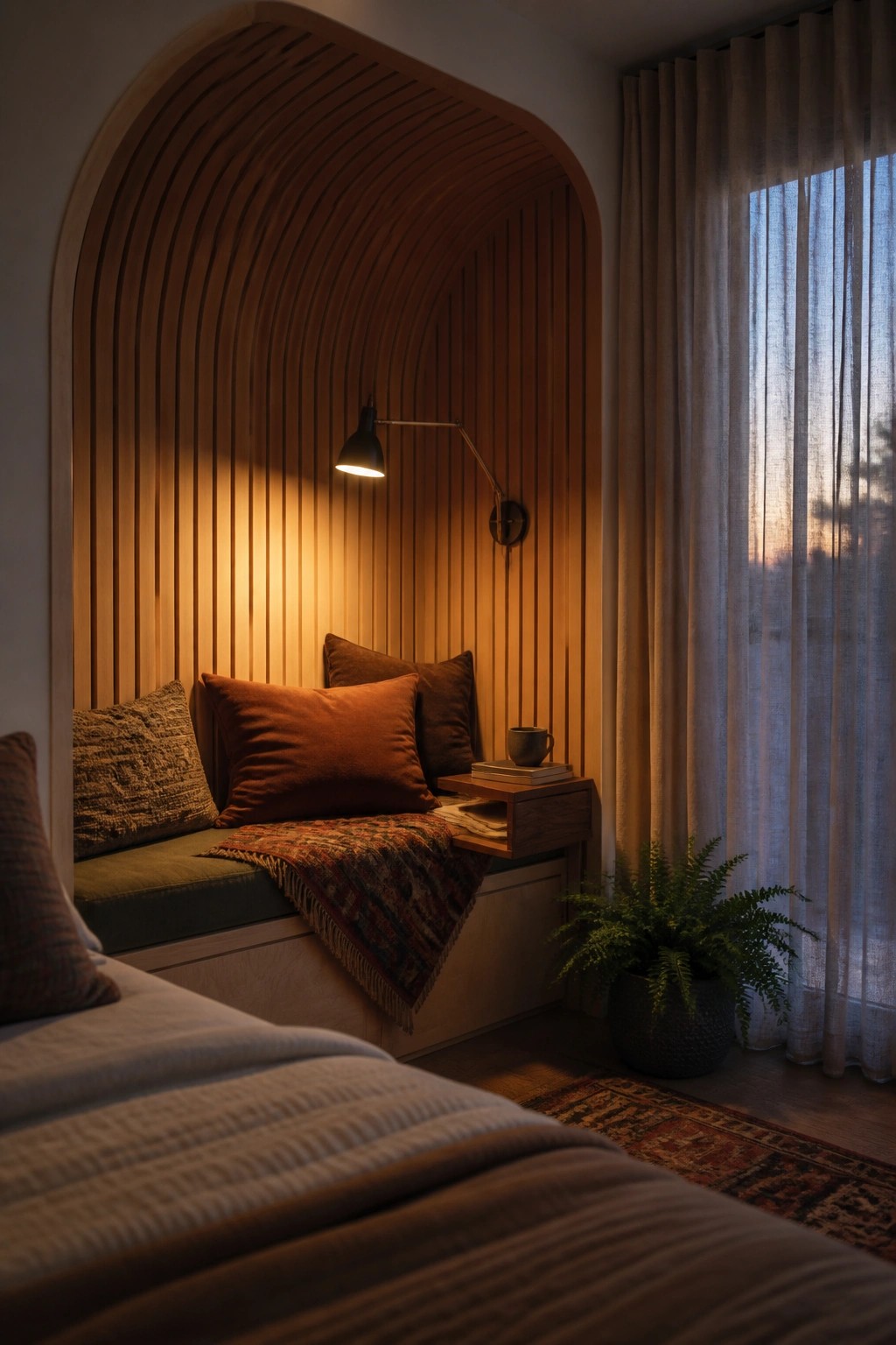 Cozy arched wood alcove with cushioned bed, warm lamp, orange pillows, and fern by window.