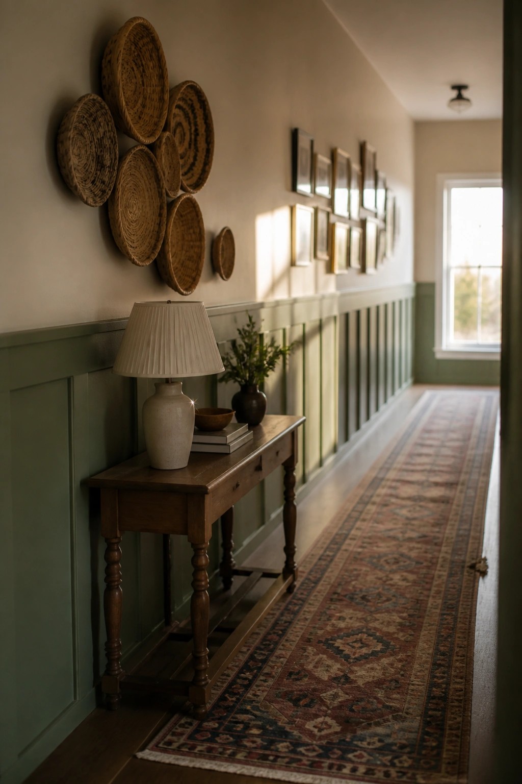 A long hallway with green painted wood wainscoting on the lower walls, a wooden console table holding a lamp and books, and woven baskets mounted above the paneling.
