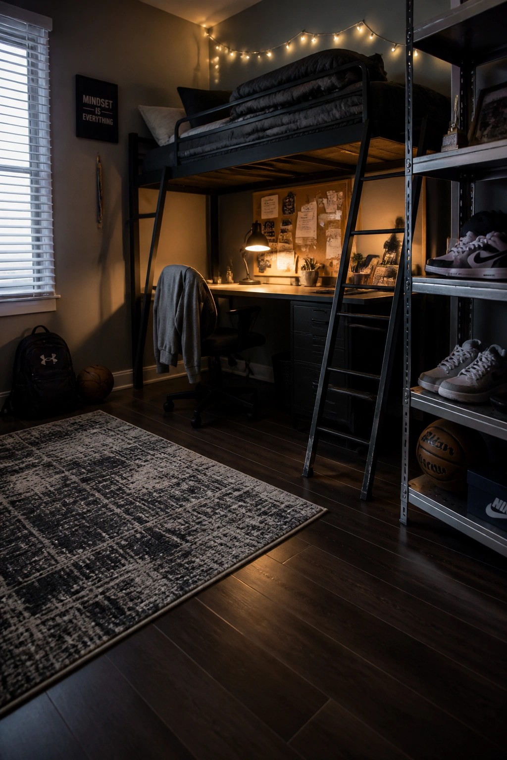 A bedroom interior with dark laminate flooring, a large patterned area rug, a black loft bed with desk underneath, an office chair, and metal shelving on the right.