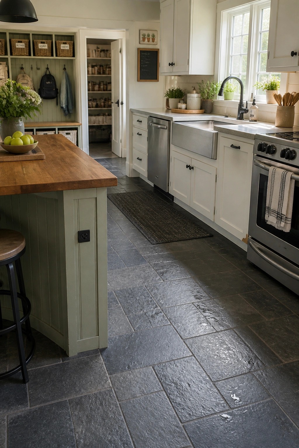 Kitchen with dark gray stone-look flooring, white cabinets, a wooden island with green base, and stainless steel appliances.