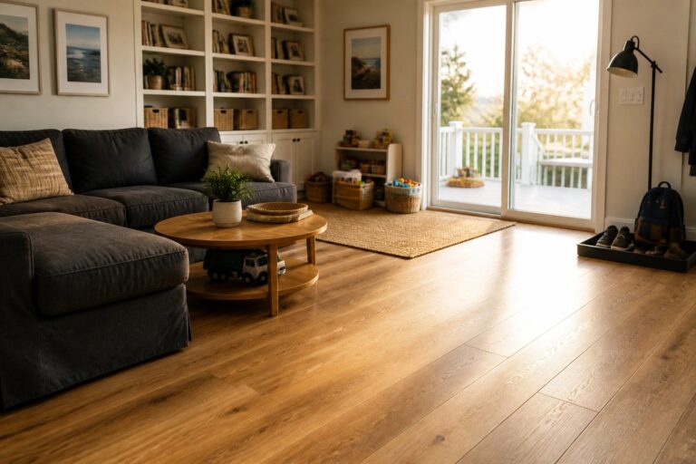 18 Practical Laminate Flooring Ideas Designed for Busy Family Homes A living room with a gray sectional sofa, round wooden coffee table, and light brown laminate flooring leading toward glass doors.