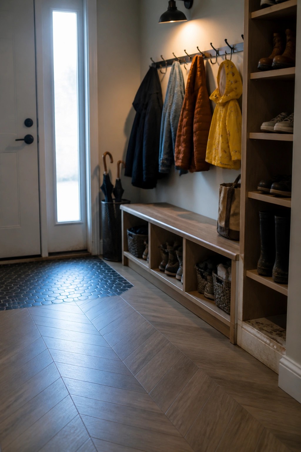 A home mudroom with herringbone laminate flooring, a built-in wooden storage bench with cubbies, coat hooks holding jackets, and open shelving with boots.