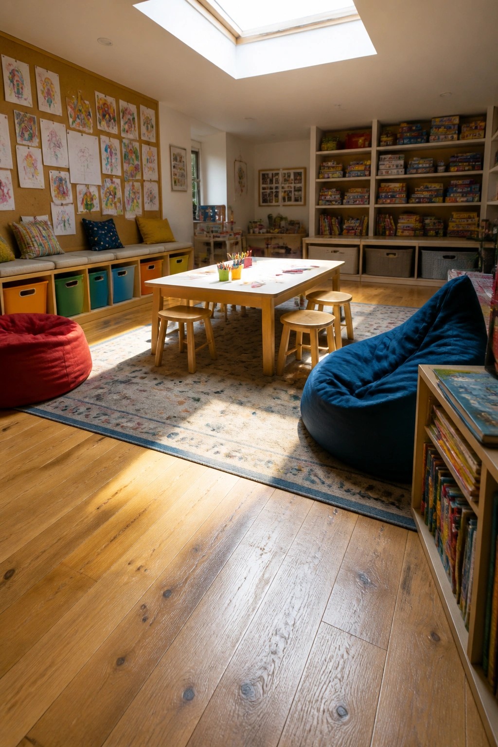 A children's playroom with light wood laminate flooring, a low table with stools on a patterned rug, bean bag chairs, wall art, and shelves filled with toys and books under a skylight.