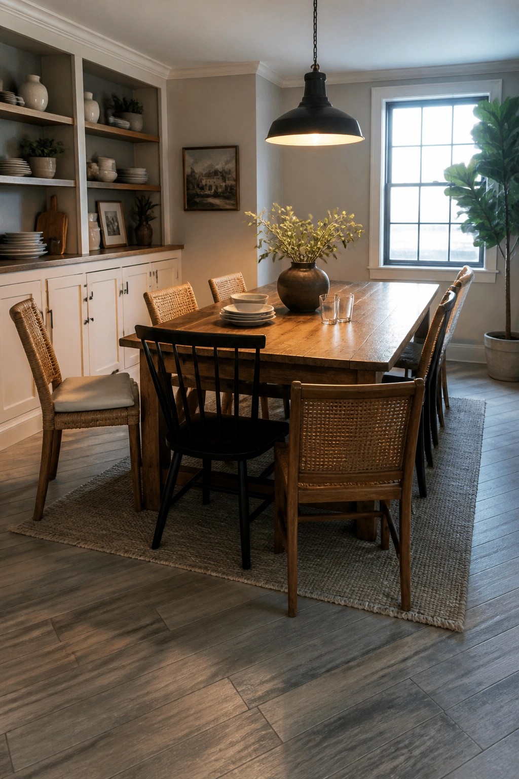 A dining room with a wooden table on a woven rug over gray laminate flooring, surrounded by mixed wooden and woven chairs.