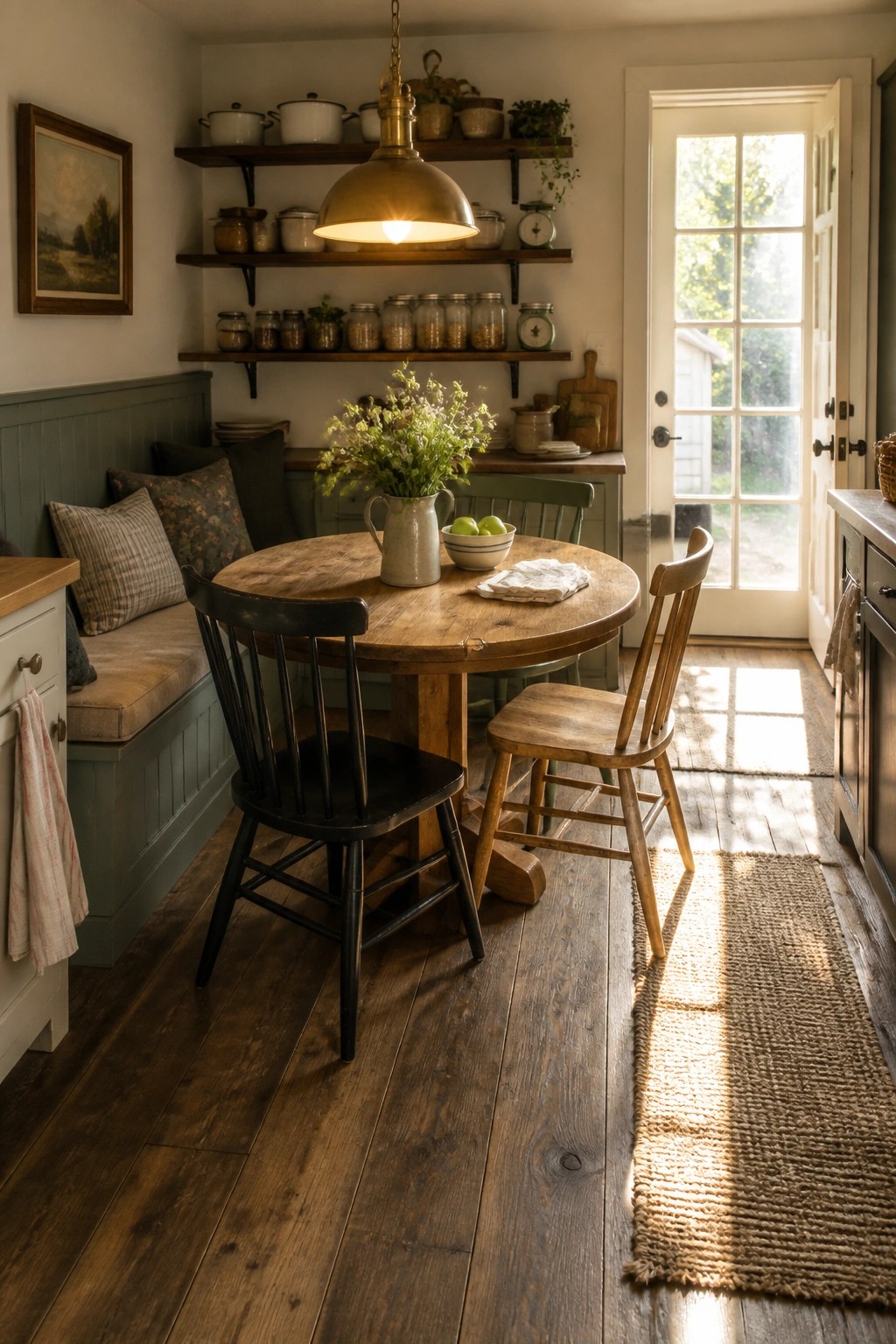 A rustic dining area with a round wooden table, mixed wooden and black chairs, open shelves, and dark wood laminate flooring with a long woven runner leading toward a glass door.