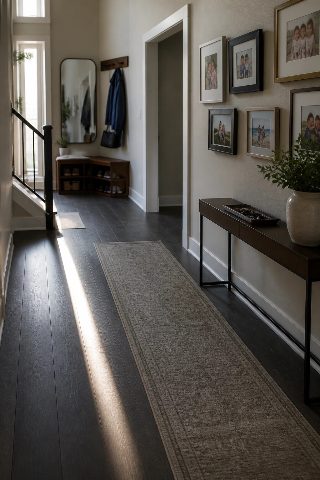 A hallway with dark laminate flooring, a long patterned runner rug, family photos on the wall, and a console table with a vase.